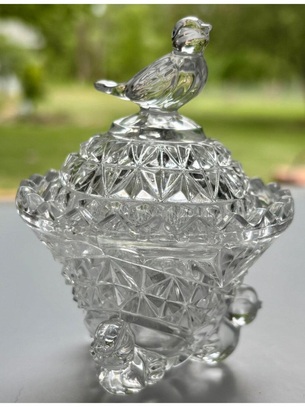 Vintage Hofbauer Byrdes Crystal Glass Bird Footed Trinket Candy Dish Covered